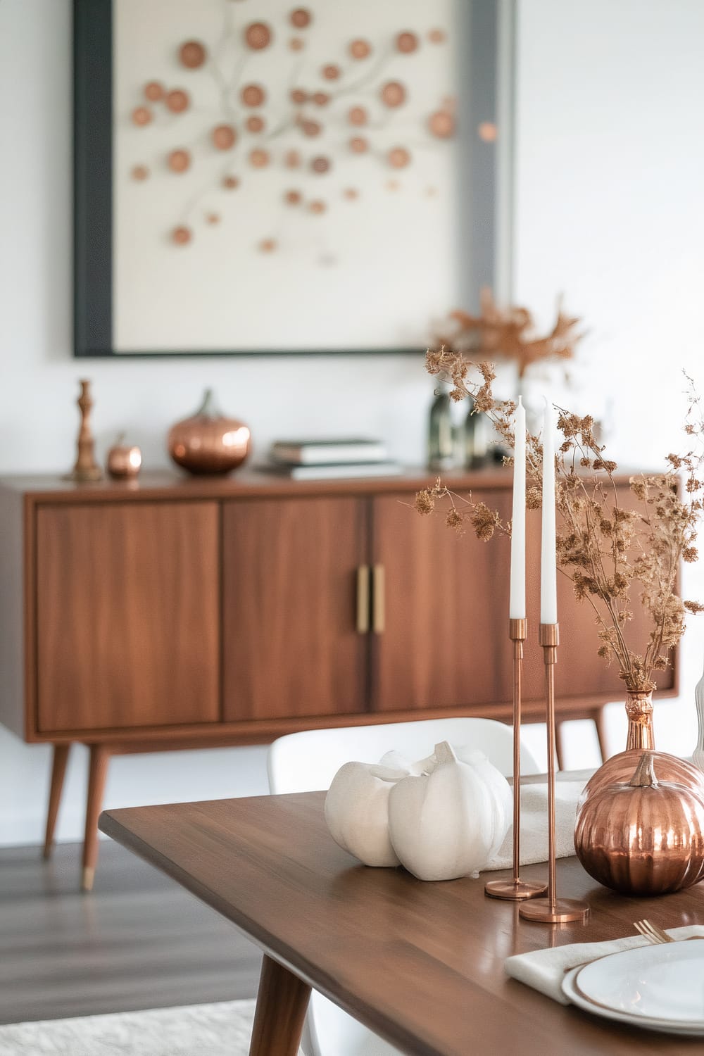 This image shows a dining area featuring a mid-century modern wooden table and sideboard. The table is decorated with a mix of white and metallic pumpkins, elegant candle holders, and a vase with dried flowers. In the background, a wall-mounted artwork with a pattern of copper circles complements the copper-toned accessories on top of the sideboard, enhancing the sophisticated aesthetic.