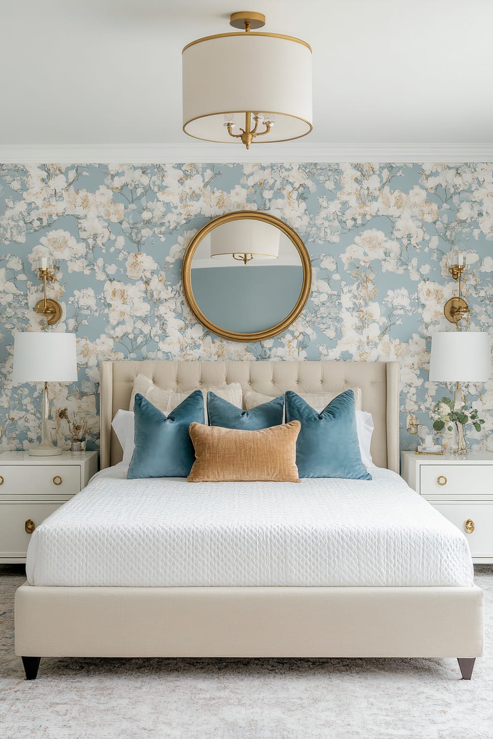 A bedroom with an elegant design featuring a bed with a beige upholstered headboard and crisp white bedspread. The bed is adorned with blue and beige throw pillows. The wall behind the bed is covered with a floral wallpaper in blue and white tones. Above the headboard, there is a round mirror with a gold frame. Two gold wall-mounted sconces with white shades flank the bed, and matching white bedside tables with gold knobs and handles sit on either side, each adorned with a white table lamp and decorative items.