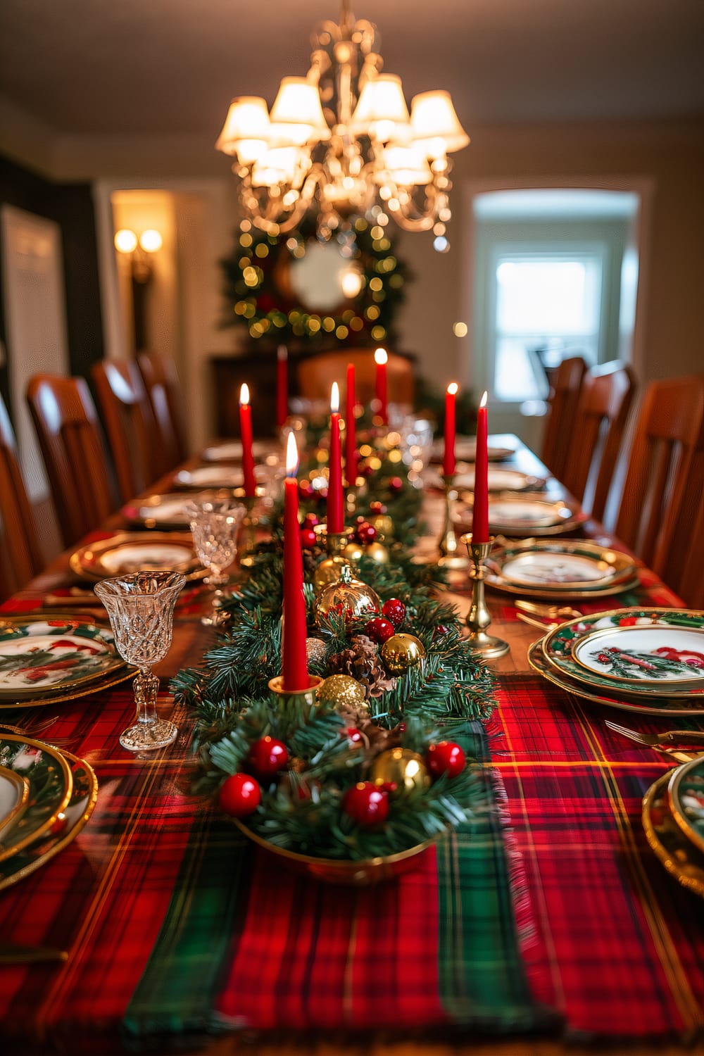 A festively decorated dining table set for a holiday feast, adorned with red candles and Christmas greenery centerpiece with gold and red ornaments. The table setup includes holiday-themed plates, crystal glasses, and gold-toned utensils placed on a red and green plaid table runner. A grand chandelier with multiple lamps hangs above, and the background features a decorated wreath and warm ambient lighting.