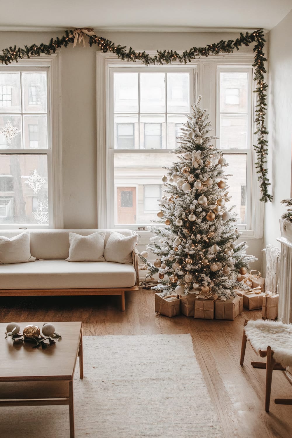 A minimalist living room decorated for Christmas featuring a light-colored sofa with white cushions, a coffee table with ornaments, a snowy Christmas tree with white and gold decorations, and gifts underneath. Garland with lights adorns the large windows.