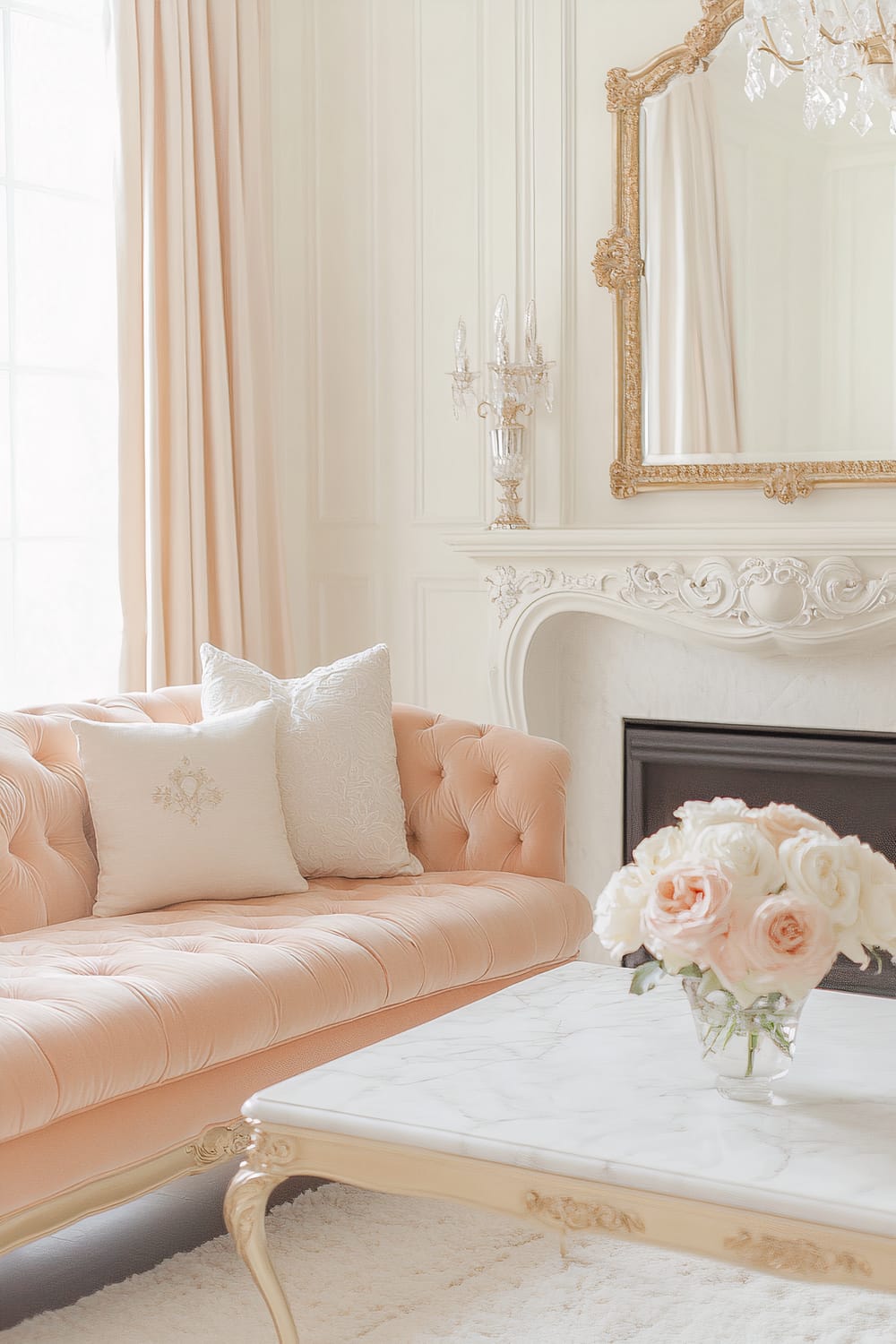 A Parisian-inspired living room featuring a tufted velvet sofa in a delicate peach hue adorned with cream and gold throw pillows. A marble-topped coffee table with ornate gold legs stands on a plush white rug. An elaborate gold-framed mirror hangs above a cream stone fireplace. Pale peach curtains and cream-colored walls add warmth, and a vase filled with fresh roses sits on the coffee table.