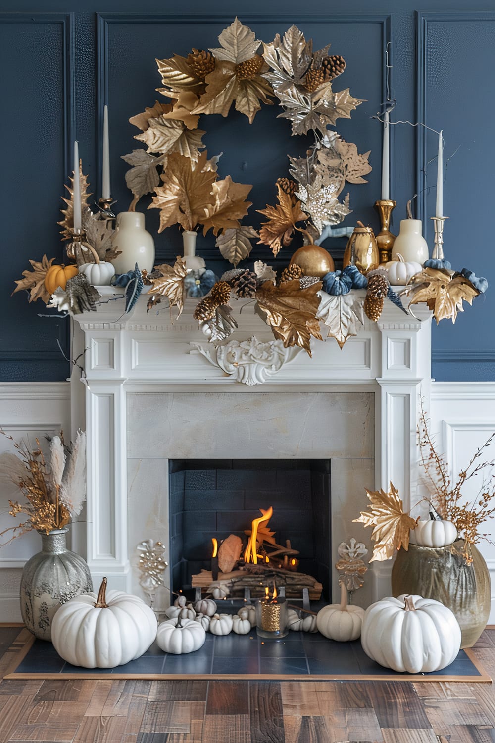 An elegant fireplace adorned with autumn-themed decorations. The mantle features a garland of golden and bronze leaves, pinecones, pumpkins, and vases, beneath a large wreath with similar foliage. White and light blue pumpkins and candles are arranged around the hearth, and a warm fire burns in the fireplace. Both sides of the fireplace are complemented by large vases with pampas grass and additional pumpkins.