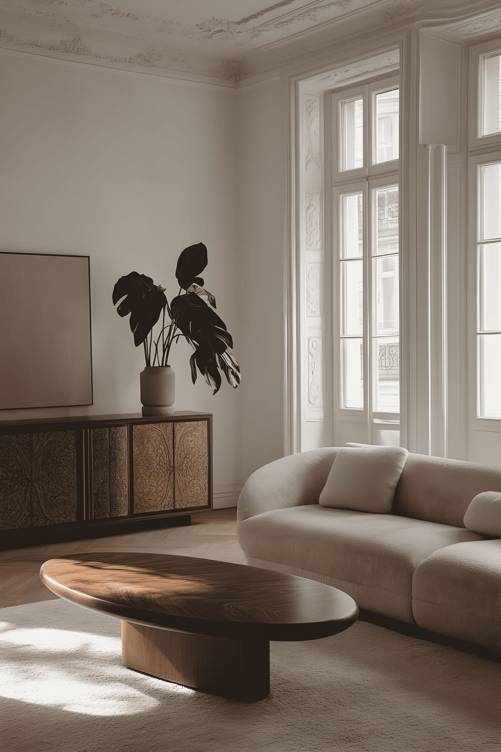 A bright and minimalist living room space showing a neat, modern sectional sofa in a neutral color, arranged in front of a low-set minimalist coffee table. An Art Deco sideboard with intricate inlays and metallic accents is against a wall. A Calathea Lancifolia plant with patterned leaves is seen near the corner. Light gently filters in from windows on the two sides, casting a soft illuminating glow on the room elements.