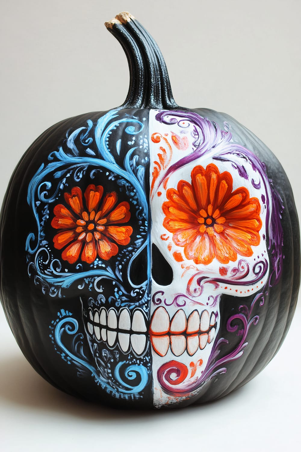 A black pumpkin divided into two halves, intricately painted with vibrant, symmetrical Day of the Dead sugar skull designs. The left side features blue and orange floral patterns, while the right side showcases purple and orange floral motifs.