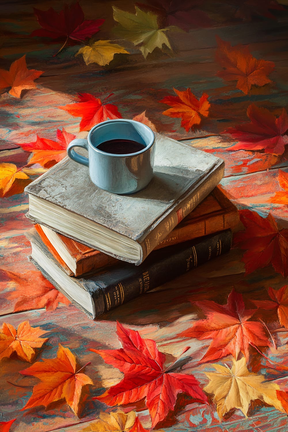 A rustic wooden coffee table adorned with colorful fall leaves. On the table, there is a stack of three old books with a blue mug placed on top, filled with a dark-colored drink.