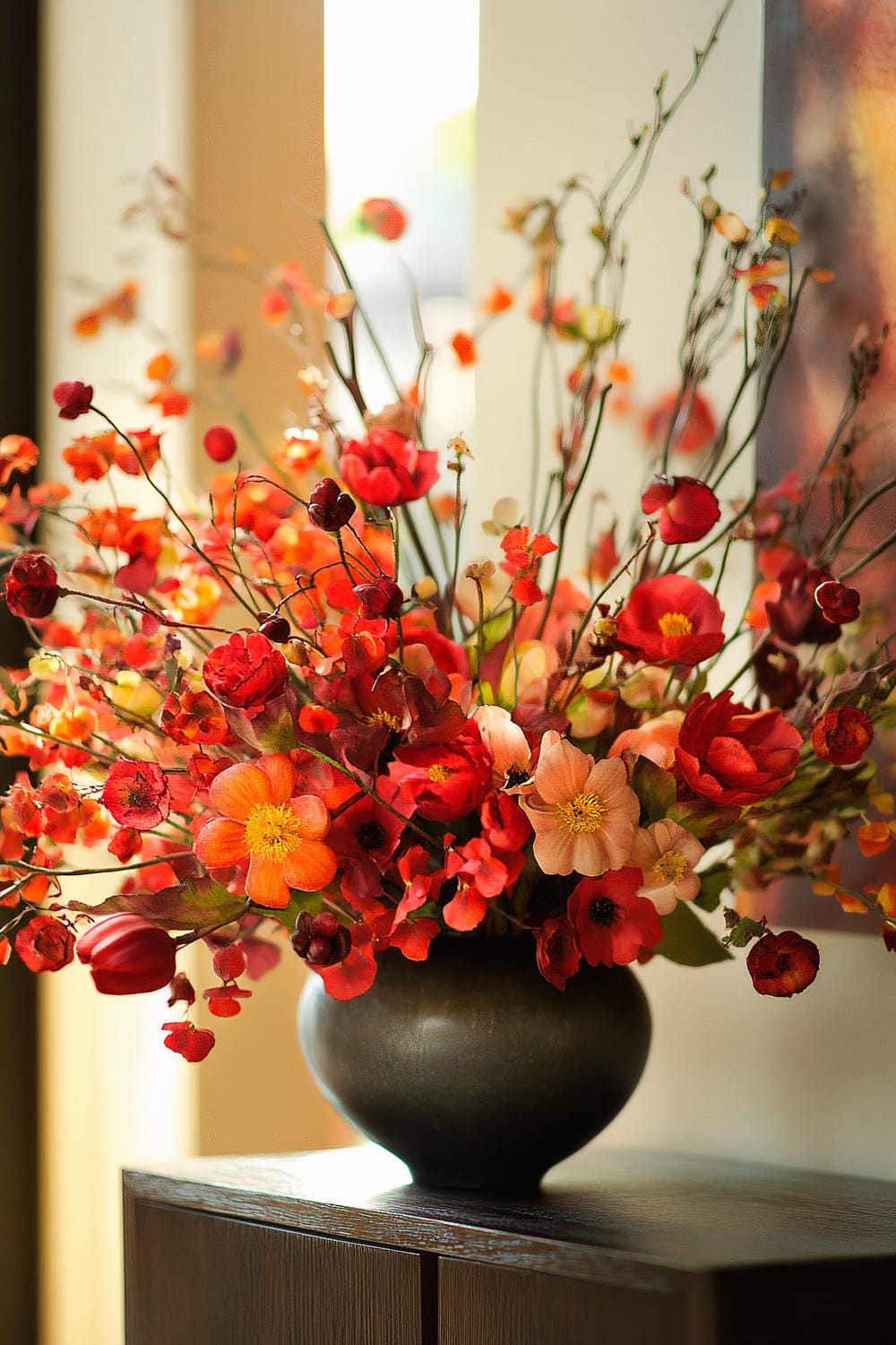 A vase with a wide, round body holds a lush arrangement of mostly red and some orange and pink flowers with delicate, curving stems. The background features a blurred blend of various colors, and the vase is placed on a wooden surface.