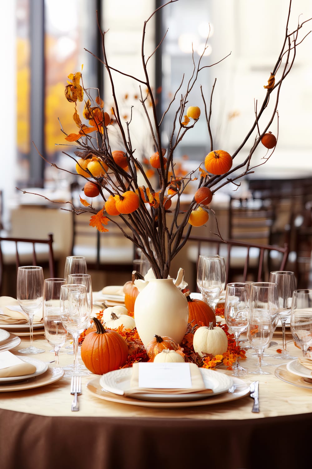 A beautifully decorated round dining table with a fall-themed centerpiece. The centerpiece consists of a white vase filled with tall, bare branches adorned with small, orange gourds. The table setting includes white plates, beige napkins, and multiple wine glasses. Surrounding the centerpiece are various small pumpkins and autumn leaves scattered on the tablecloth.