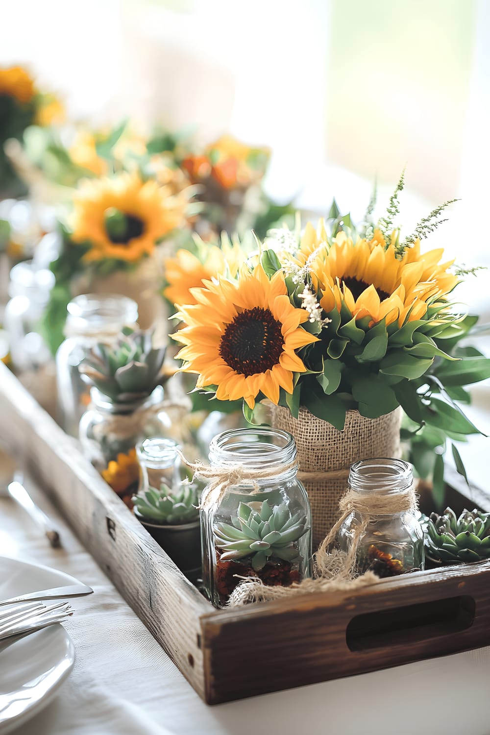 A rustic centerpiece depicting a wooden tray laden with eclectic mason jars, where each jar carries bright sunflowers, charming dahlias, or lush greenery. The arrangement reveals additional details such as burlap ribbons, antique silver spoons, and petite glass terrariums populated with succulents. The entire ensemble is stationed on a distressed white table dressed in a subtle linen tablecloth and is bathed in the warm glow of natural daylight.