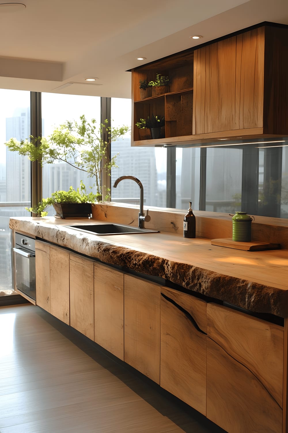 A well-lit kitchen with a minimalist, sustainable design. Large windows offer natural light to the space, illuminating the reclaimed wood cabinetry, natural stone countertops and energy-efficient stainless steel appliances. A few indoor plants add subtle earthy green accents to the predominantly neutral color scheme. The design emphasizes functionality and environmental responsibility.