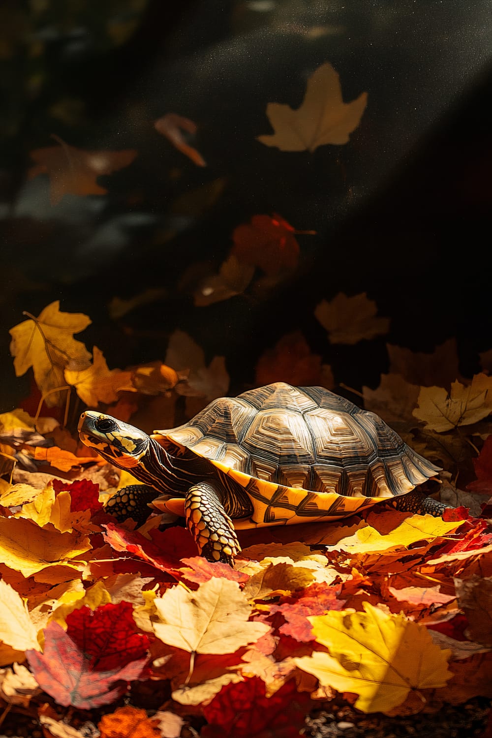 A turtle with ornate shell markings crawls across a bed of autumn leaves in a forested setting. The leaves are vibrant shades of yellow, orange, and red, creating a warm and rich natural tapestry. Sunlight filters through the trees, casting a soft, dappled light on the scene.