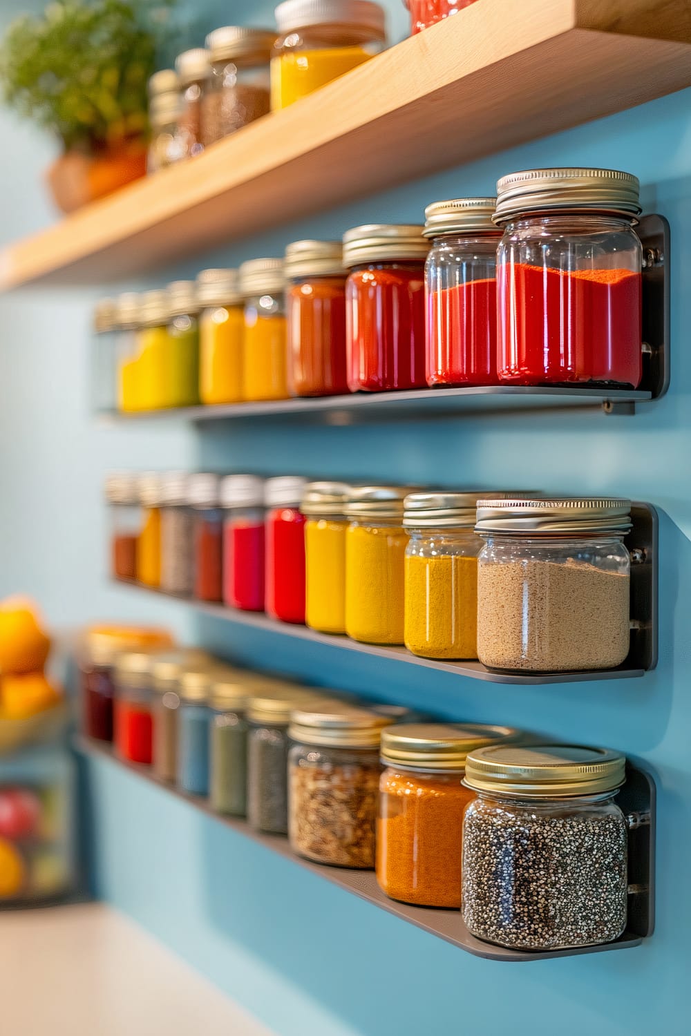 A floating spice rack against a light pastel blue kitchen wall, featuring jars in assorted bold colors like red, yellow, and blue. The jars are organized in multiple rows, creating a visually striking display. Soft focused lighting casts gentle shadows, and the uncluttered countertop below enhances the sleek appearance.