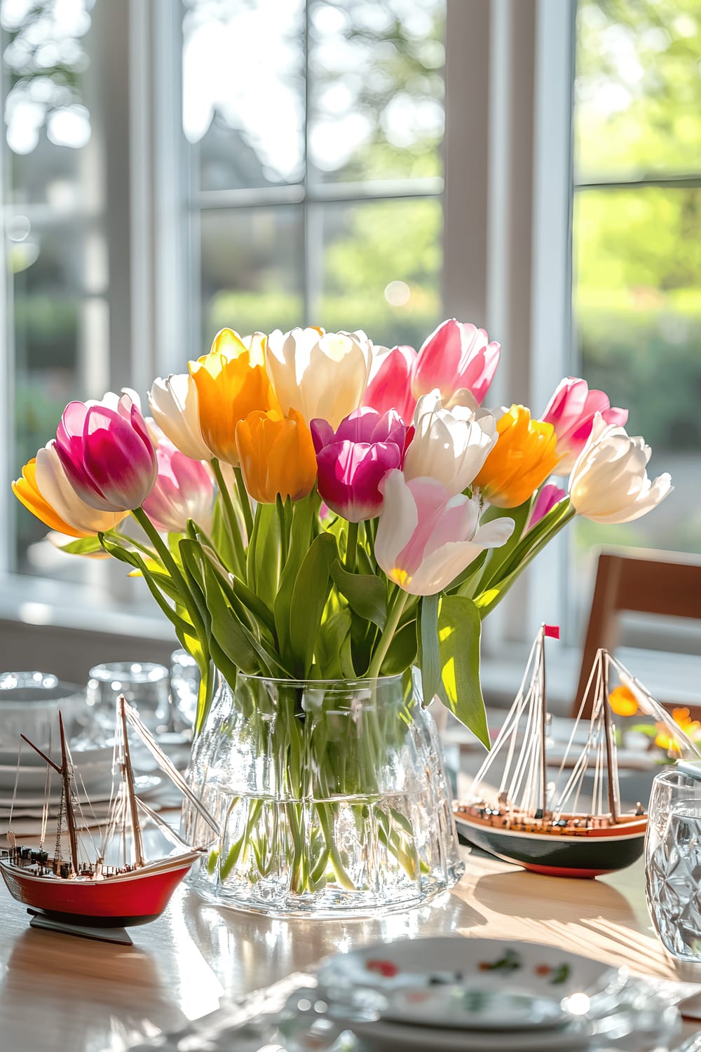 A bright and charming dining room characterized by large windows letting in plenty of daylight. The centerpiece is a vibrant arrangement of multicolored tulips in a clear glass vase, seated on a light wooden table. Also on the table are miniature models depicting an Amsterdam canal scene, complete with tiny boats and water elements. The soft lighting highlights the rich colors of the tulips and the intricate details of the miniature models.