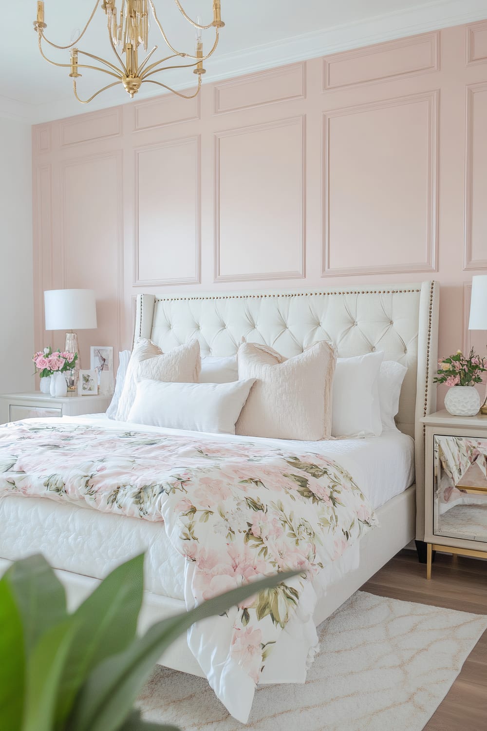 A bright, elegant bedroom with a soft pink wall featuring detailed moldings. The bed has a tufted beige headboard and is dressed in white linens with pale pink floral accents. Bedside tables on each side hold lamps with white shades and decorative items, including a vase of pink flowers. A golden chandelier hangs from the ceiling, adding a touch of luxury. A leafy green plant is visible in the foreground.