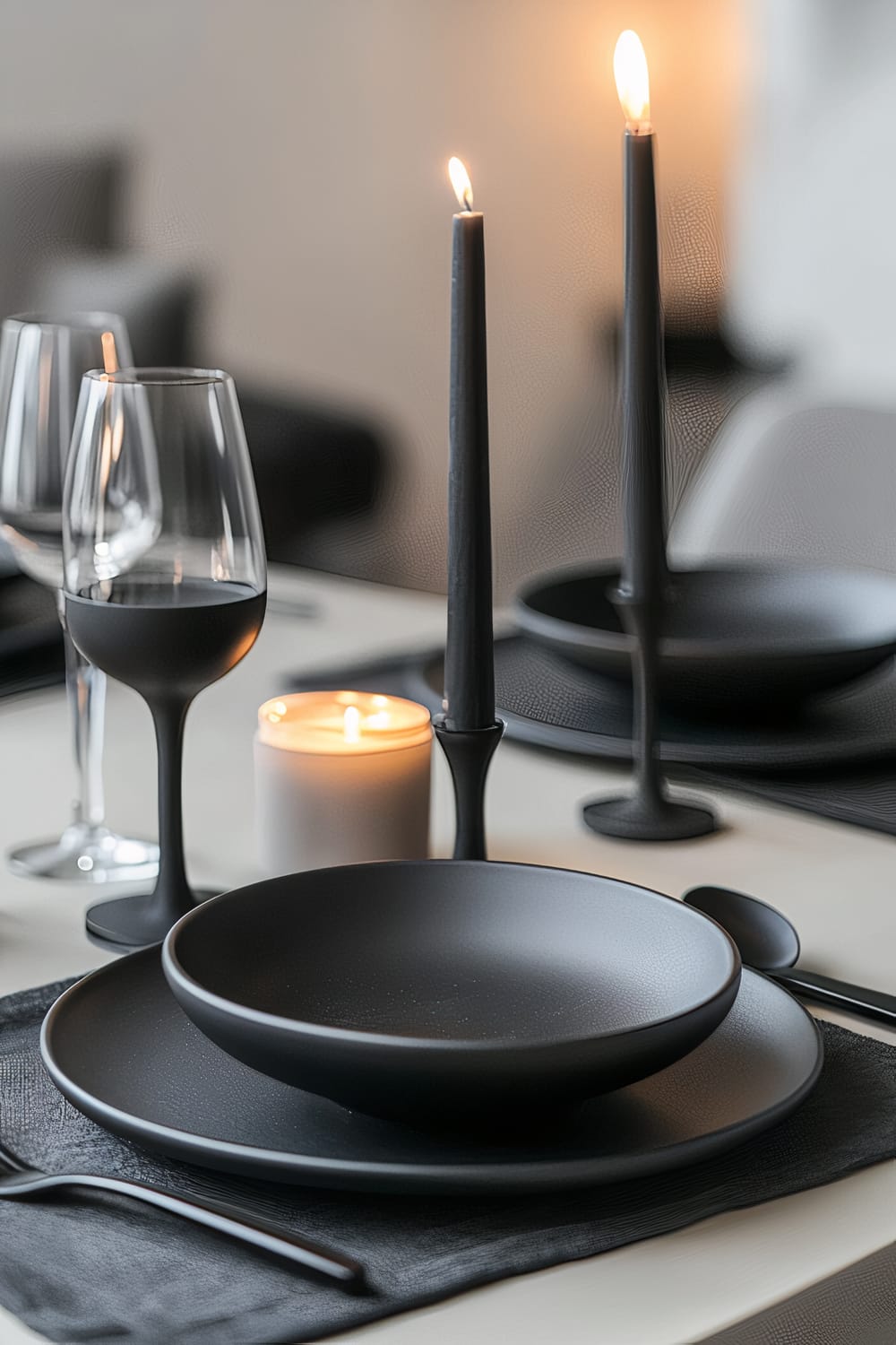 An elegant, modern minimalist Thanksgiving table setting characterized by bold charcoal and ivory colors. The tableware includes sleek matte black plates, bowls, and cutlery. A single large candle and two black taper candles are lit in the center, providing dramatic lighting. Wine glasses with black stems complement the overall design.