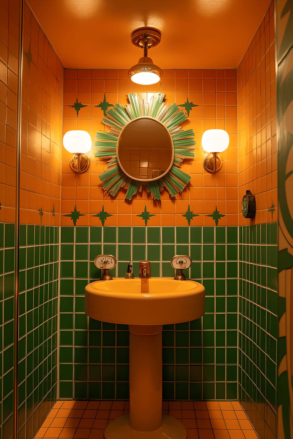 A vintage bathroom designed with a 70s inspiration, featuring a bold palette of primarily orange and avocado green tiles. The room includes a rounded pedestal sink, a mirror with star-shaped accents, and a vintage rotary phone. Patterned wallpaper, brass fixtures and warm, glowing pendant lamps further accentuate the retro aesthetic.