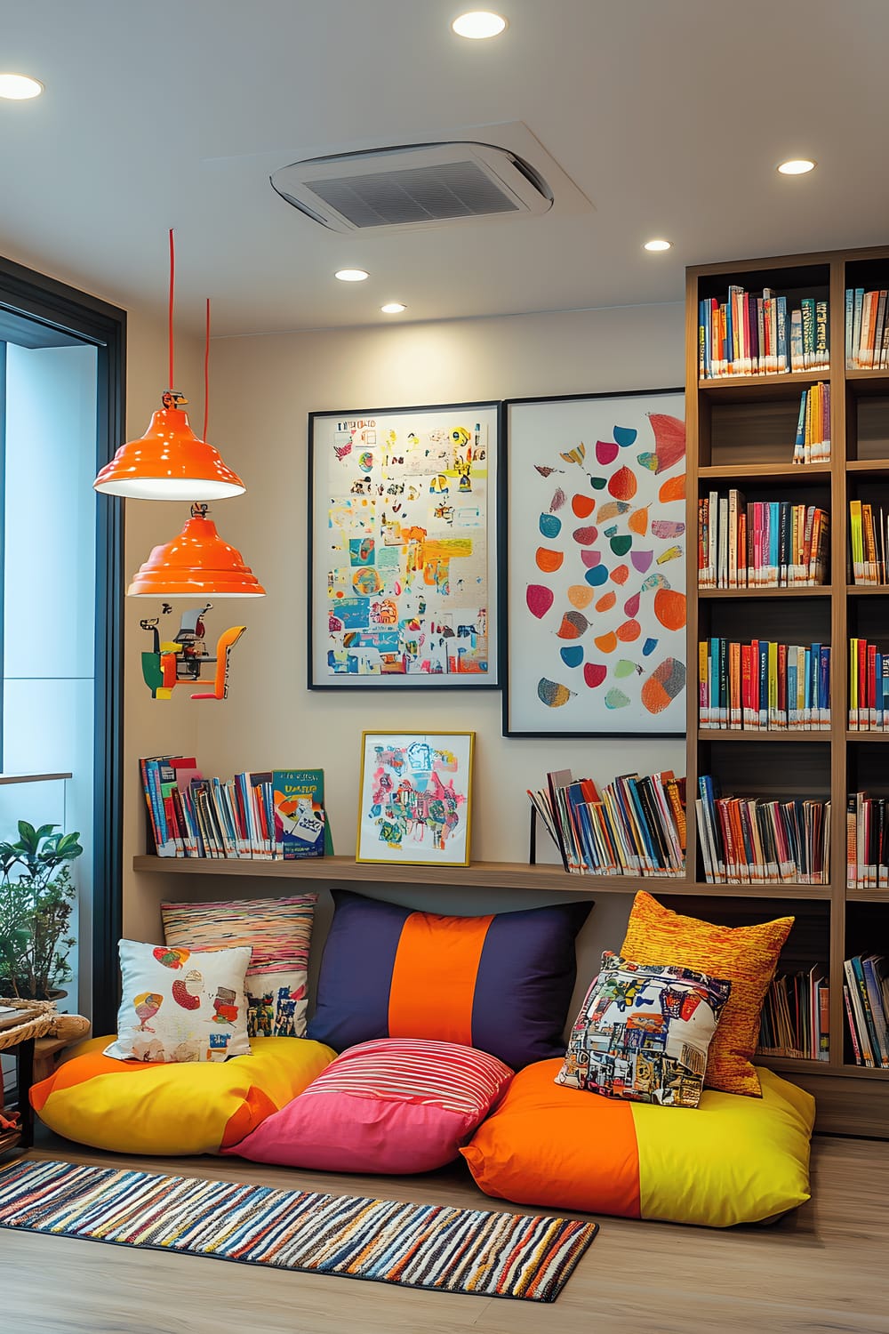 An intimate reading nook featuring a comfortable seating area nestled against a floor-to-ceiling bookshelf filled with a variety of colorful books. The space is highlighted by adjustable spotlights and adorned with eye-catching colorful art pieces. Textured pillows and a unique chair design contribute to the comfort and playful vibe of the space. Vibrant accents of color against a predominantly neutral color scheme create a visually dynamic setting, while minimal clutter aids in fostering a serene environment conducive to creativity and relaxation.