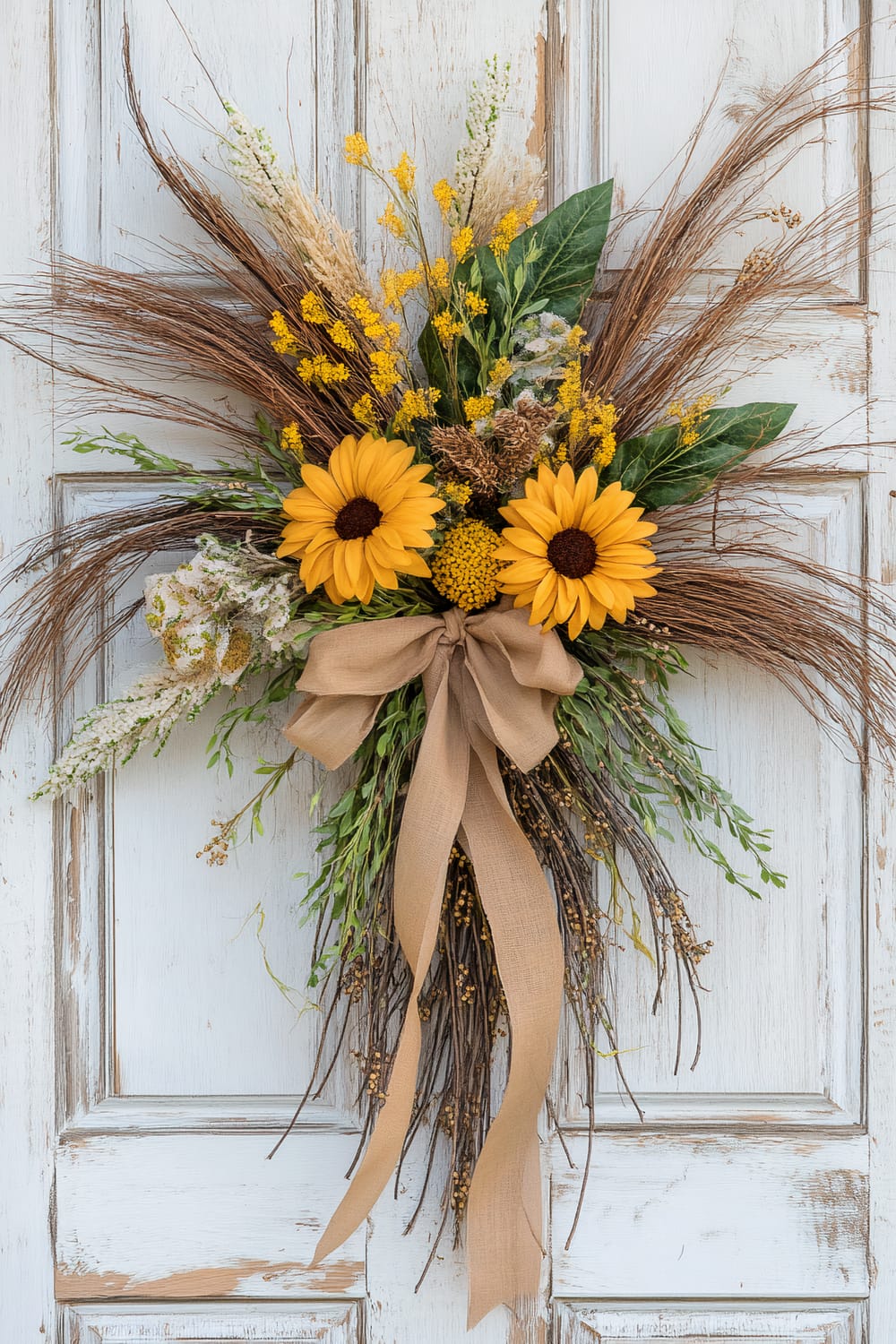 A rustic fall-themed wreath hangs on a weathered white wooden door. The wreath features two large yellow sunflowers prominently placed at the center, surrounded by an assortment of dried grasses, green leaves, and small yellow blooms. A beige, burlap-style bow is tied just below the flowers, adding to the earthy, natural aesthetic. Twigs and branches extend outward from the base, creating a starburst effect.