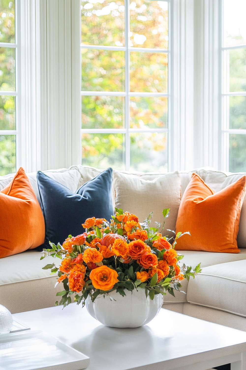 A living room with large windows showcasing the outdoors, featuring a neutral-colored sofa adorned with sapphire blue and tangerine orange throw pillows. A sleek white coffee table holds a centerpiece with vibrant tangerine and blue flowers.