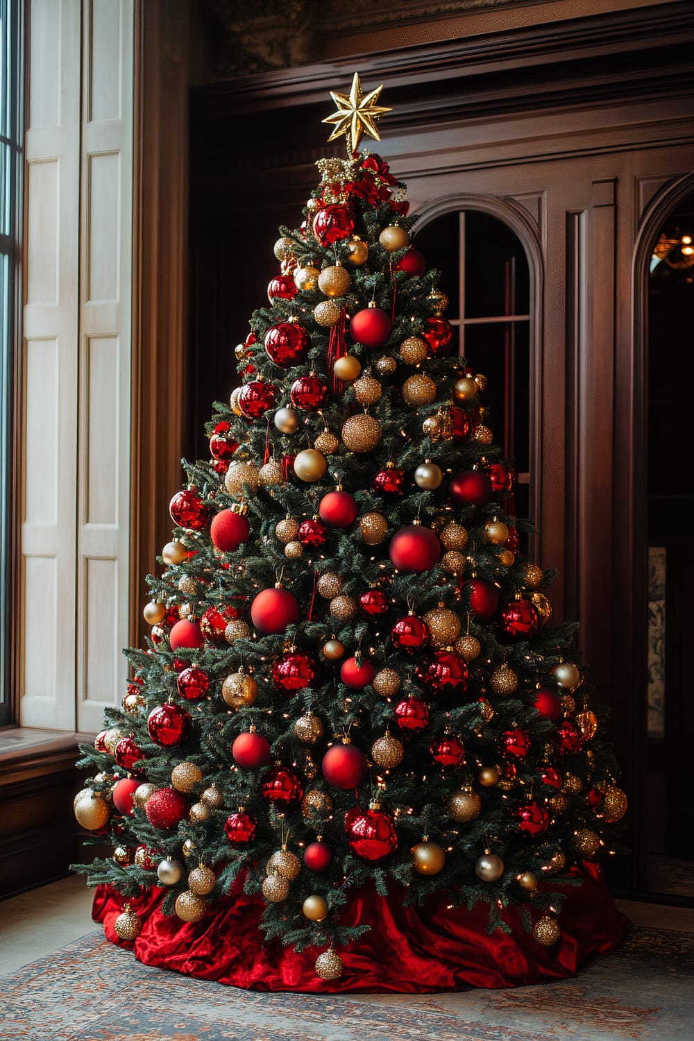 An elegantly decorated Christmas tree stands tall in a richly paneled room. The tree is adorned with a combination of red and gold ornaments of various sizes, and a golden star topper graces the peak. Red velvet fabric drapes around the base, complimenting the sophisticated and festive ambiance. Natural light streams in from the large window on the left side, highlighting the tree’s detailed decorations.