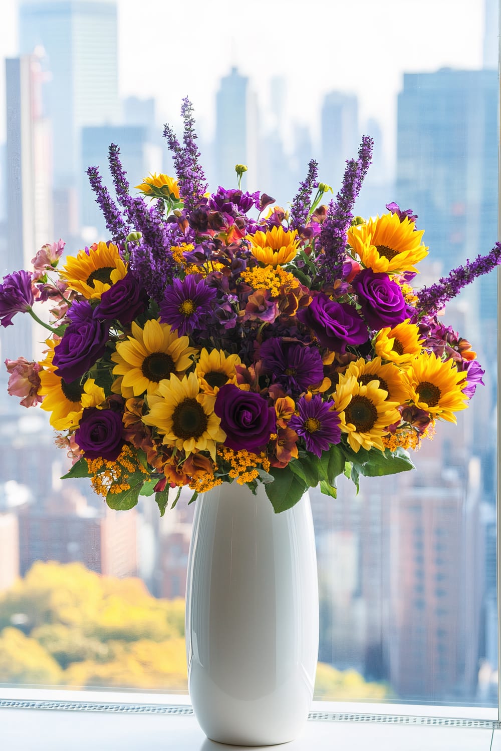 A white vase filled with a vibrant bouquet of sunflowers, purple roses, and other colorful flowers sits on a windowsill with a backdrop of a cityscape featuring tall buildings.