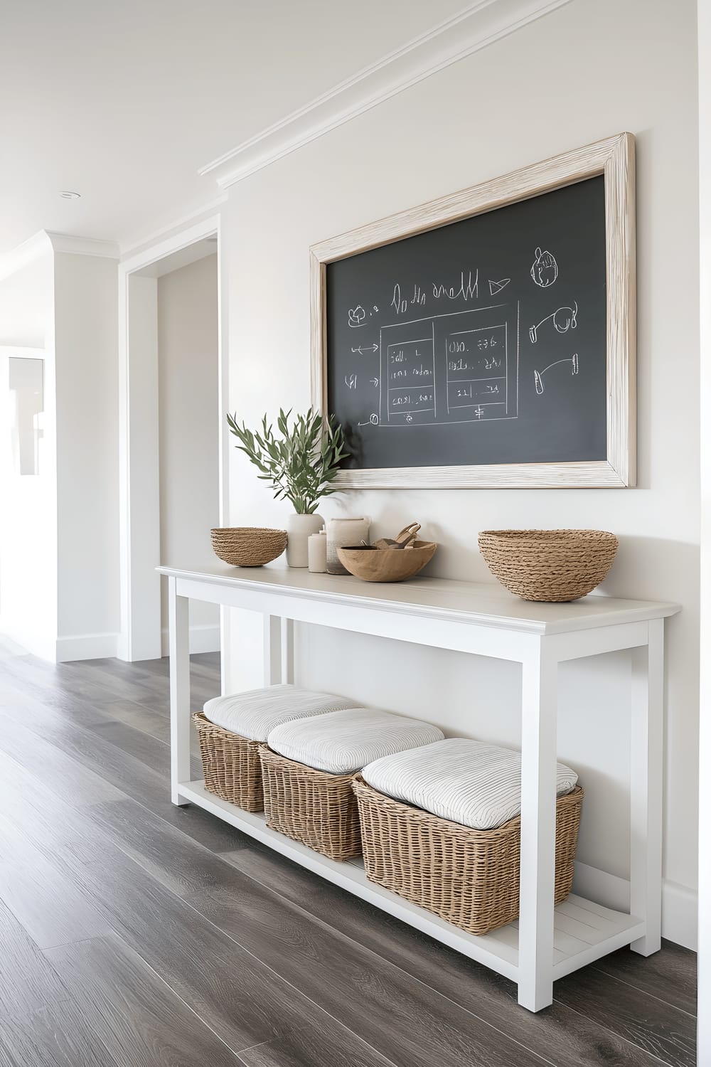 A Scandinavian-style entryway featuring light wood flooring, a white console table adorned with decorative bowls, a minimalist bench with woven cushions, and a mirror with a chalkboard frame showcasing a written to-do list and simplistic chalk drawings. The entryway is warmly lit by soft overhead lighting, casting a homely glow onto the chalkboard mirror and emphasizing its messages and illustrations.