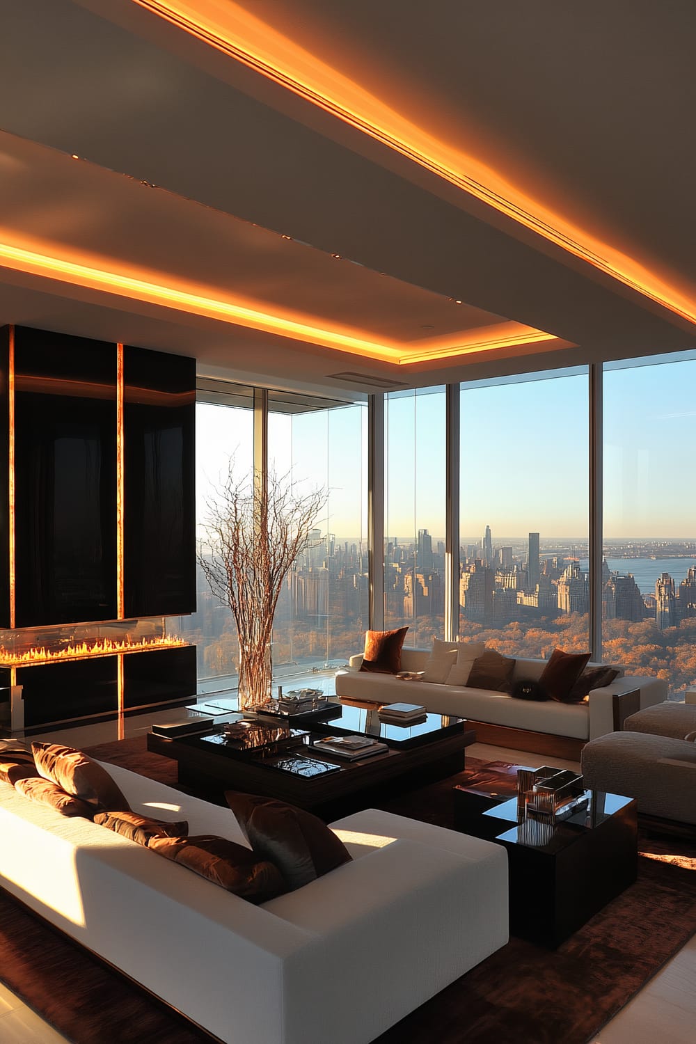 A luxurious city apartment living room with floor-to-ceiling windows offering a breathtaking view of a city skyline at dusk. The room features modern, plush white sofas adorned with dark brown and orange pillows. A large coffee table is centrally placed, holding books and decor items. An elongated black fireplace imbued with a warm glow stretches along one wall, which is complementarily lit by recessed ceiling lights that cast a soft amber hue. Branches in a glass vase add a touch of nature to the sophisticated interior.