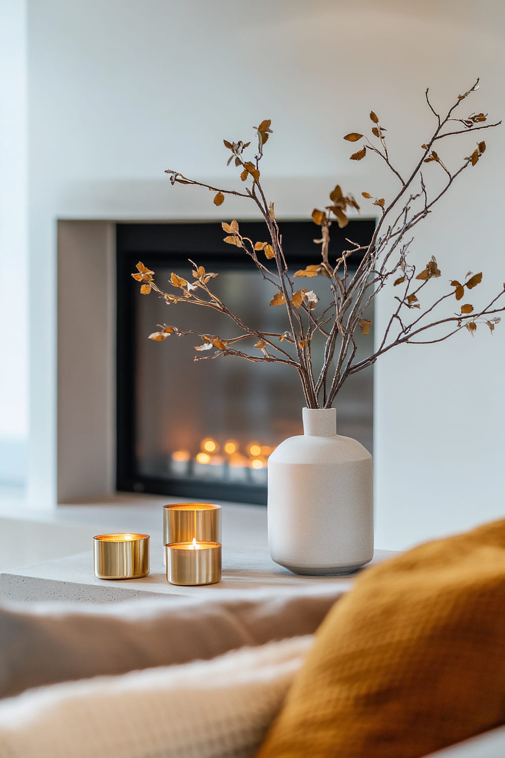 A stylish interior scene featuring a minimalist, modern fireplace in the background with a soft, glowing fire. In the foreground, a white textured vase holding thin branches with dried golden leaves is placed on a smooth concrete surface. Beside the vase are three gold-toned candles, one of which is lit. A mustard yellow pillow and a white throw blanket hint at the presence of a cozy seating area.