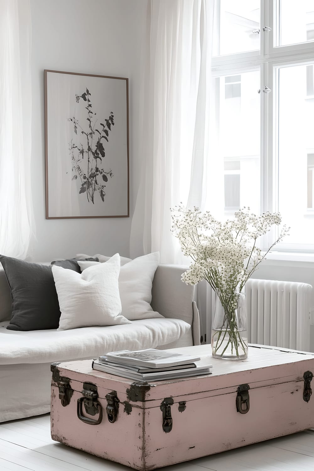 A minimalist Scandinavian-styled living room with a light grey sectional sofa, a blush pink vintage trunk as a coffee table, botanical monochrome arts on white walls, and a sizeable corner window with sheer curtains allowing natural lighting.