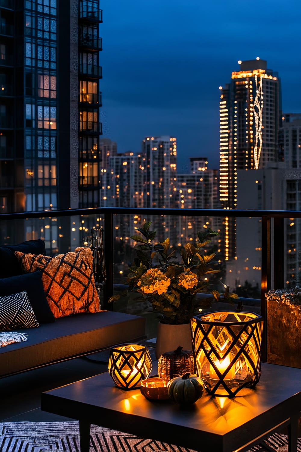 A chic modern penthouse balcony decorated for Halloween at night, featuring sleek black and metallic decorations. The space is illuminated by geometric lanterns with candles emitting a warm glow. A stylish lounge setup with contrasting cushions in black, white, and orange is visible, along with a table holding pumpkins and more lanterns. The backdrop showcases a city skyline with lights from high-rise buildings.