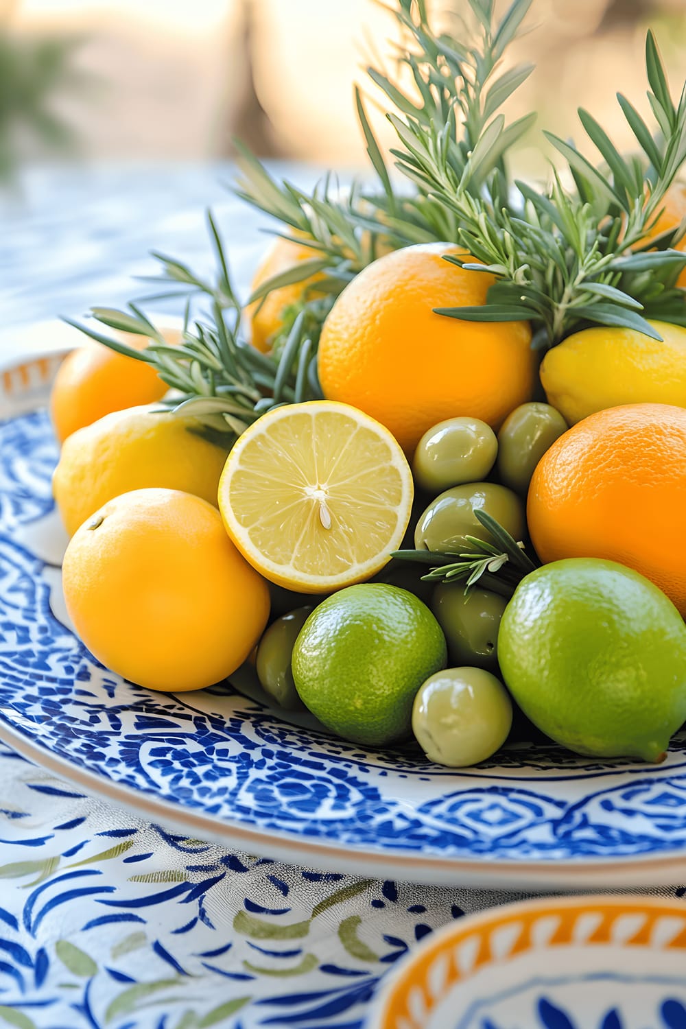 A kitchen table centerpiece comprised of a ceramic bowl overflowing with vibrant citrus fruits including lemons, limes, and oranges, nestled between sprigs of rosemary and olive branches. The table is adorned with small terracotta pots with succulents, sitting on a sandy-colored tablecloth and highlighted by natural sunlight. The centerpiece's base is a hand-painted blue and white mosaic plate.