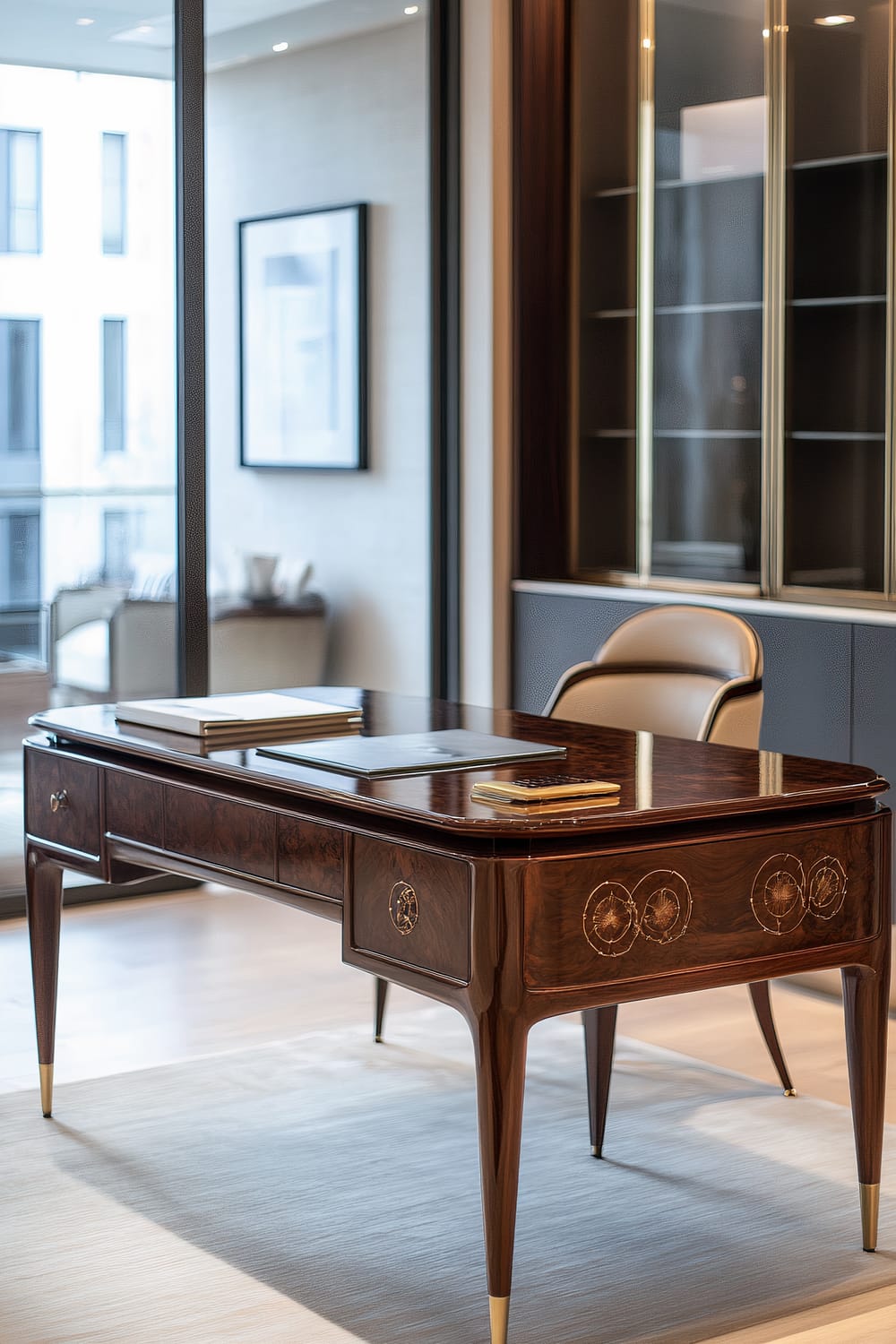 Elegant office space featuring a sophisticated wooden desk with intricate detailing and gold accents. The desk is positioned in front of a large window, allowing natural light to illuminate the room. The background includes sleek built-in shelves with glass doors and minimalistic furnishings, highlighting modern design elements.