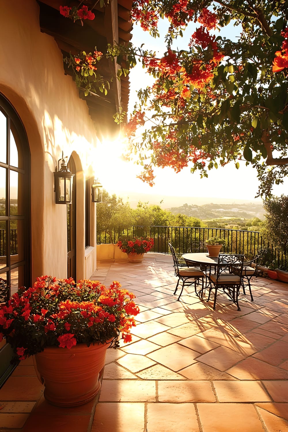 A sunlit Mediterranean-style patio featuring red terracotta floor tiles, a set of wrought iron furniture including a round table and four chairs, and an assortment of plants such as an orange bougainvillea in a large pot and olive trees in rustic planters. The space is radiant and inviting under the bright sunlight that emphasizes the warm colors.