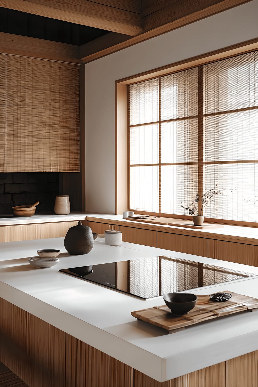 An expansive kitchen space exhibiting a harmonious blend of modern and traditional Japanese elements. The kitchen features a sleek, white island with an inbuilt induction stove surrounded by wooden stools. Above the island, there's a range hood and suspended lighting. Adjacent to the island are wooden cabinets, a bamboo backsplash, and modern appliances seamlessly integrated. A ceramic tea set sits on the countertop near a streaming-light window, adding to the cultural charm of the space.