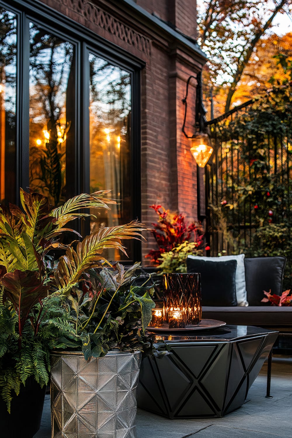 An outdoor patio features sophisticated design elements. A geometric black table holds lit candles in decorative glass holders. Lush plants in textured metallic planters add greenery. Behind is a plush dark sofa with white and black cushions. Brick exterior walls, large windows, and a warm light fixture contribute to the ambiance.