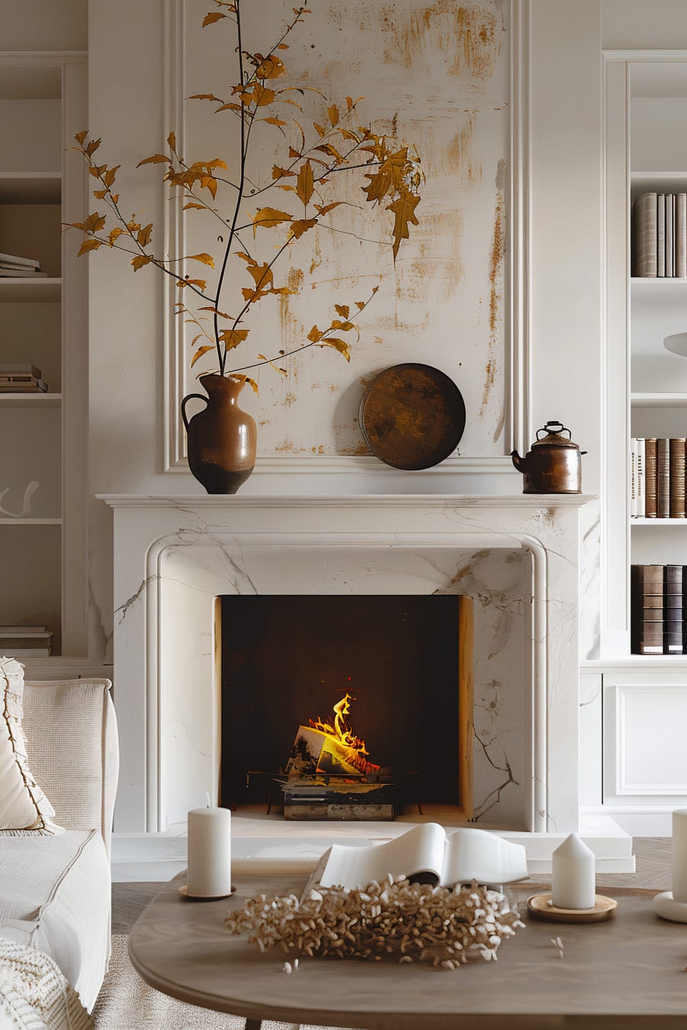 An elegantly decorated living room features a marble fireplace with a flickering fire. A rustic brown vase with autumn leaves sits atop the mantel, complemented by a circular, weathered tray and an antique copper kettle. Surrounding the fireplace are built-in white bookshelves filled with books and decorative items. In the foreground, a light-colored sofa with a plush texture and a round wooden coffee table adorned with candles, a book, and dried foliage create an inviting atmosphere.