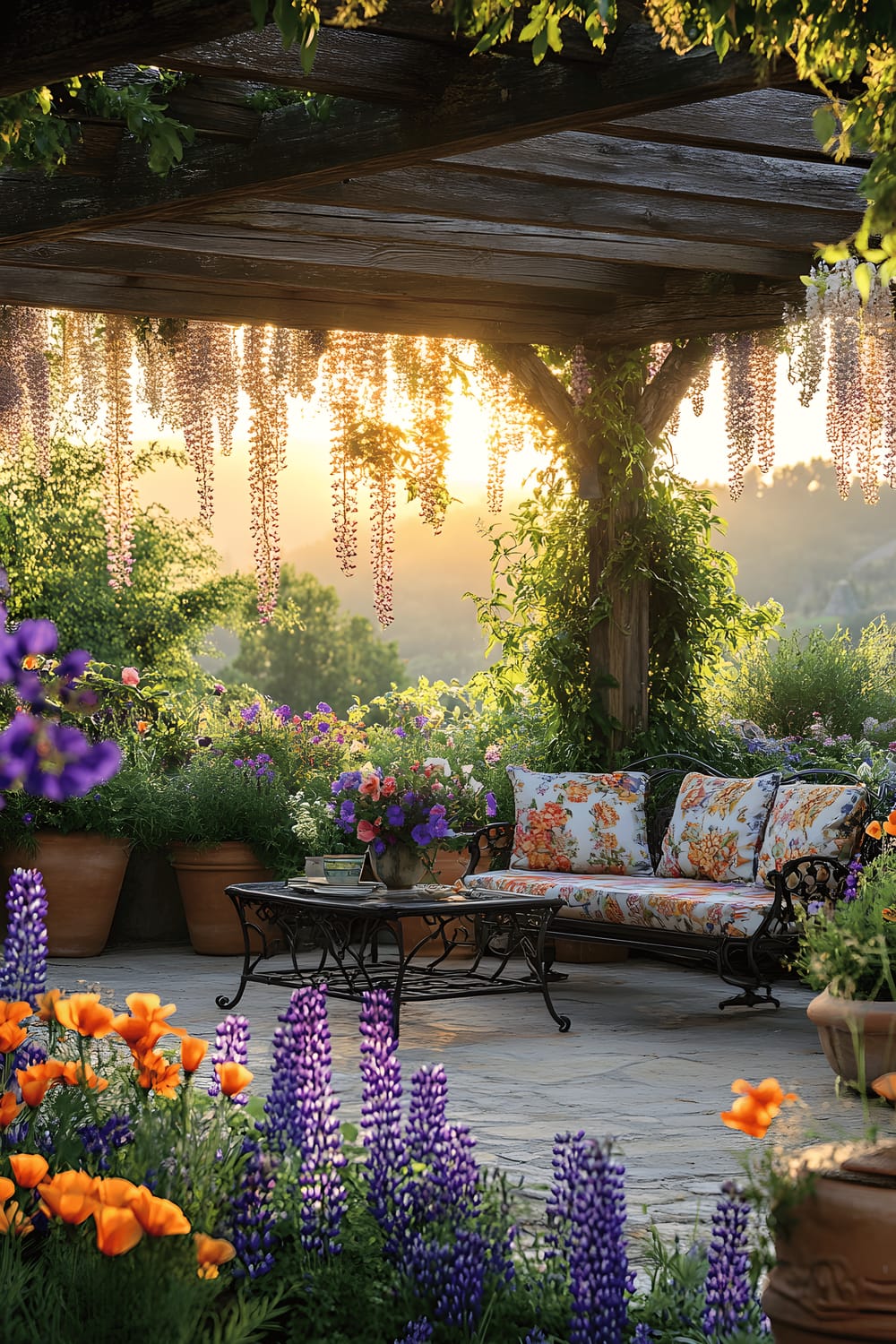 A rustic patio is set amidst a vibrant meadow of poppies, daisies, and lupines. Centered on the patio is a wrought-iron loveseat adorned with floral print cushions, positioned under a timber pergola entwined with wisteria vines. As the sun sets in the background, its golden hour light casts a warm glow over the entire scene, softening the edges of the foliage and creating vibrant hues across the varied wildflower blooms.