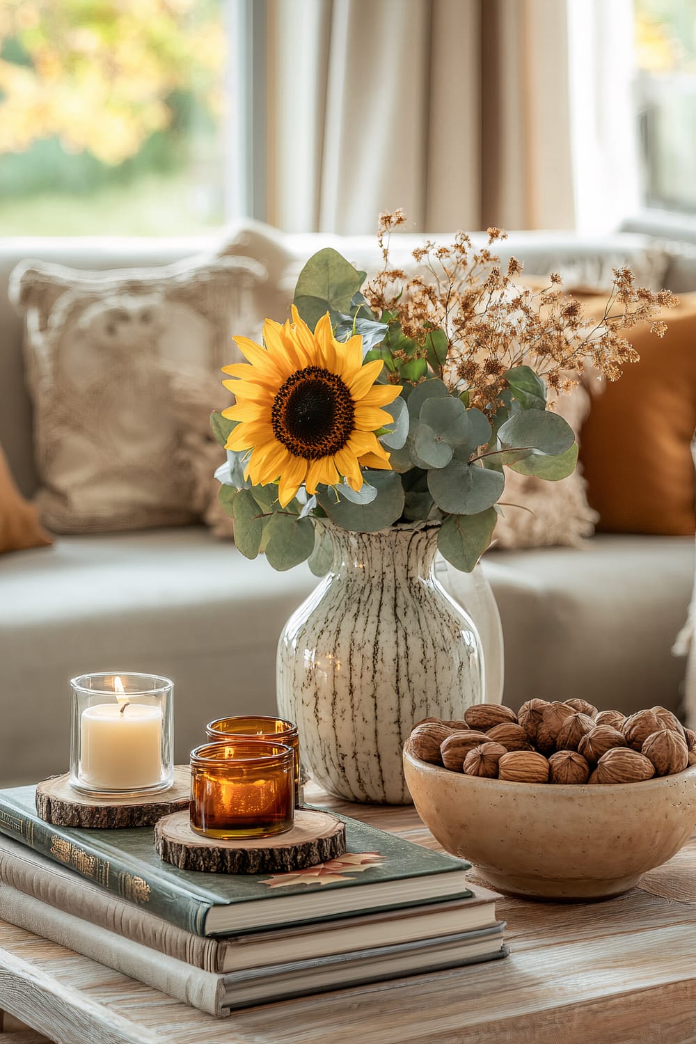 A cozy living room scene featuring a wooden coffee table with stacked books and a decorative arrangement. The table holds a speckled ceramic vase containing a vibrant sunflower and foliage, a lit white candle in a glass holder, two amber glass tea light holders, and a bowl filled with unshelled walnuts. The beige couch in the background has decorative pillows with earthy tones, and the room is illuminated by natural sunlight through a window.