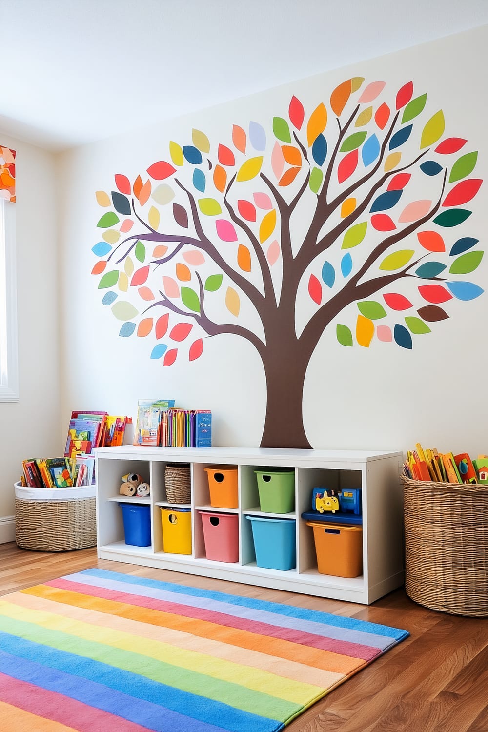 A cheerful children's playroom with a vibrant tree mural on the wall, featuring colorful leaves. A white storage cubby holds books, toys, and colorful bins. Woven baskets are filled with additional items. The floor is adorned with a rainbow-striped rug, and a small wooden table stands ready for activities.