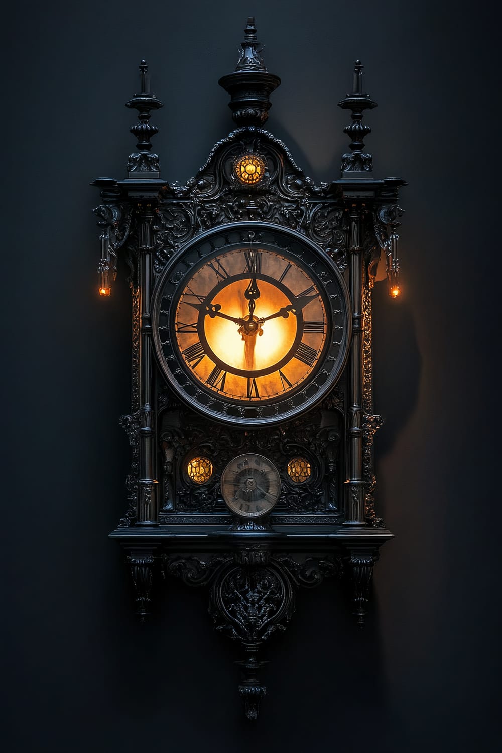 An ornate, antique clock is dramatically illuminated against a deep charcoal wall. The clock features intricate carvings and glowing, eerie hands, creating an ethereal ambiance with its light. The spotlight emphasizes the clock's detailed craftsmanship and the regal design, casting deep shadows and lending a sophisticated and spooky atmosphere to the space.