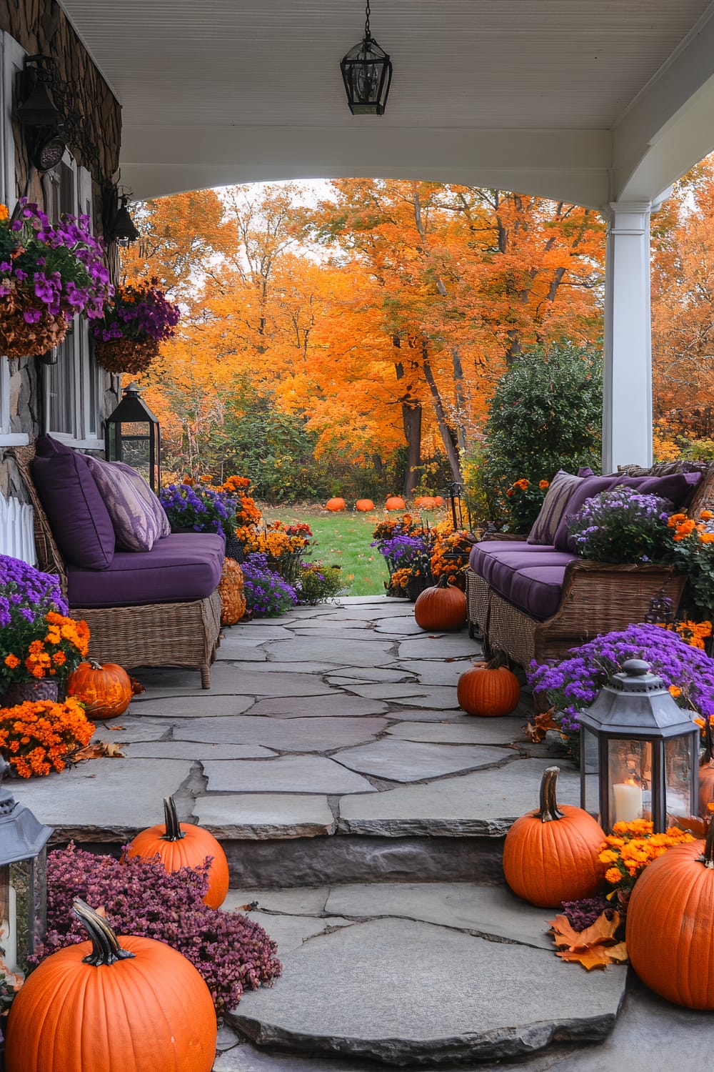 A stone-paved front porch adorned with wicker furniture that has purple cushions. The pathway is flanked by an array of fall flowers in rich purples, oranges, and yellows, along with pumpkins and lanterns holding candles, leading to a backyard with vibrant orange and yellow autumn foliage visible in the background.