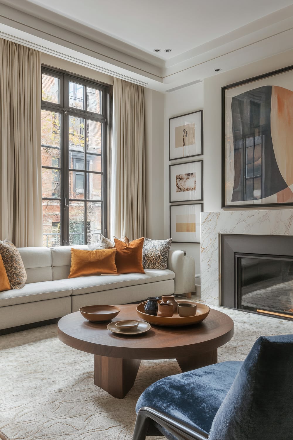 A chic living room with a cream sofa adorned with rust orange pillows facing a round wooden coffee table with ceramic dishes. A sleek marble fireplace is on the right side, and a blue plush armchair is slightly in the foreground.