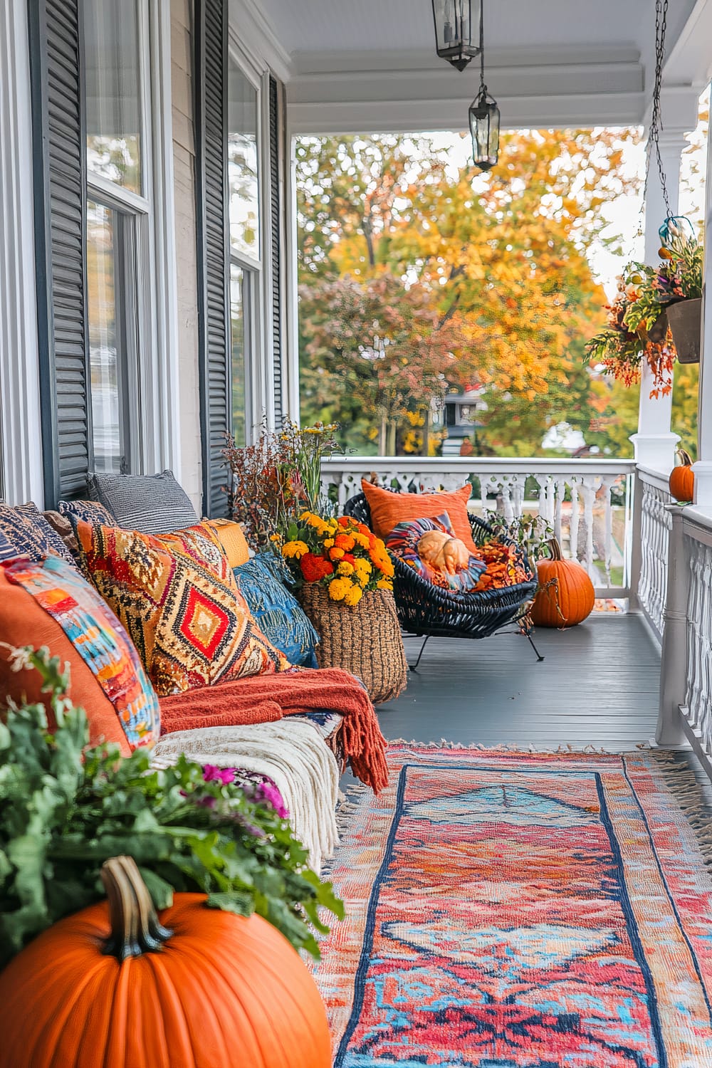 A charming porch decorated for autumn, featuring a gray wooden floor and white railing. The seating area includes a wooden bench laden with colorful, patterned cushions and cozy blankets in warm hues like orange, yellow, and red. Beside the bench, a wicker basket holds bright orange marigolds. A black wicker chair, also adorned with a colorful cushion and a throw blanket, is positioned near the railing, which is decorated with hanging baskets filled with fall foliage. Several pumpkins are placed around the porch, contributing to the seasonal decor. The porch is illuminated by hanging lanterns from the ceiling, and beyond the railing, the trees display vibrant autumn colors.