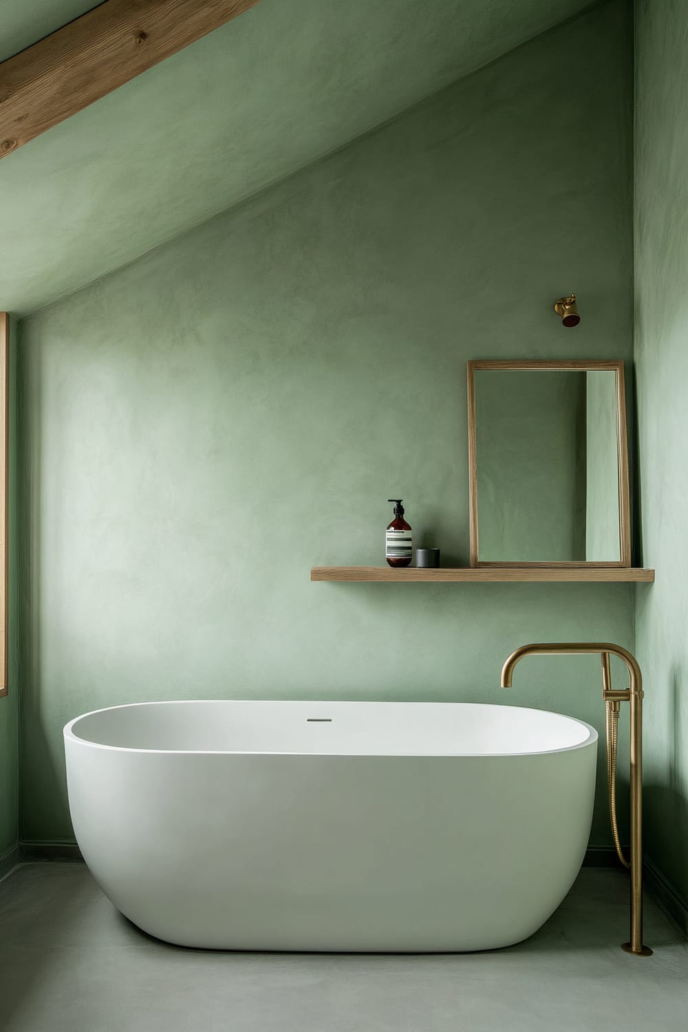 A minimalist bathroom with light green walls featuring a white freestanding bathtub, a brass floor-mounted faucet, a wooden shelf holding toiletries, and a wooden-framed mirror.