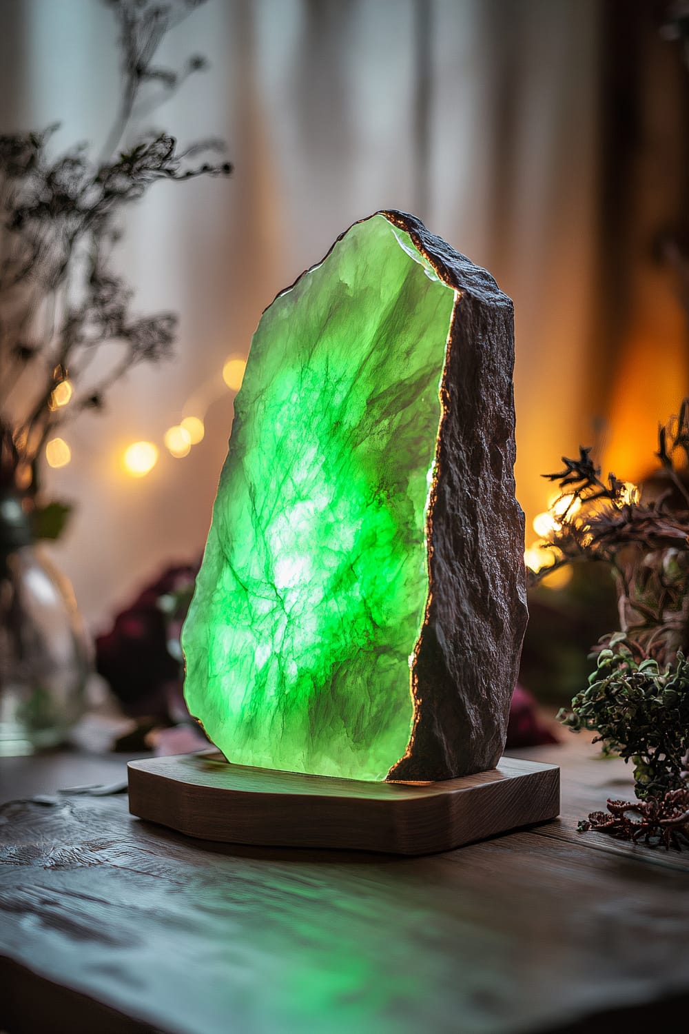 A large glowing rune stone emitting green light sits on a plain wooden table. The table is surrounded by subtle dark floral accents, and the ambient lighting enhances the mystical and eerie atmosphere.