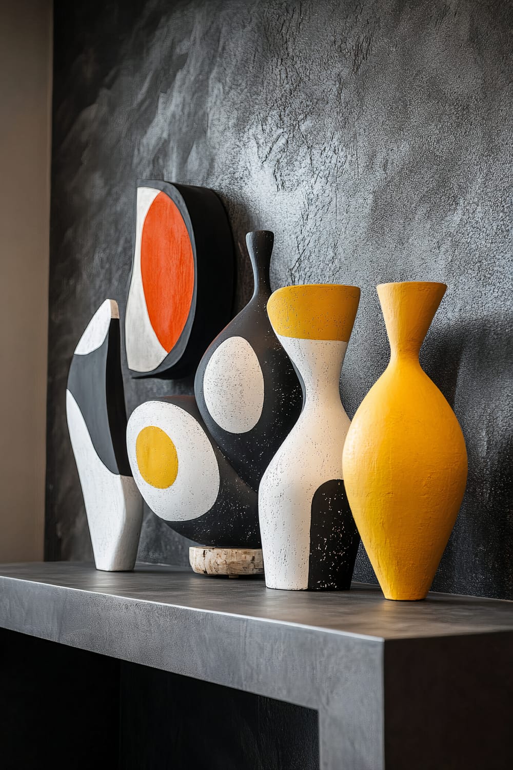 A stylish home entryway showcasing abstract decorative figurines on a floating wall shelf. The figurines, featuring modern abstract designs, display contrasting colors of black, white, and bright yellow. Dramatic side lighting creates dynamic shadows, enhancing the visual depth. The background is a textured dark wall that makes the vibrant figurines stand out prominently.