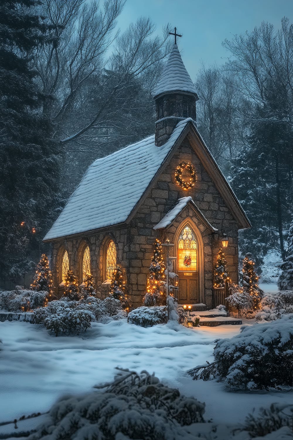 A picturesque stone chapel is adorned with festive holiday decorations in the midst of a snow-covered landscape. The chapel's roof is blanketed with snow, and a warm, inviting light glows from within the arched stained glass windows and the main entrance. A large wreath with colorful lights hangs above the door, and smaller, lit Christmas trees and garlands are strategically placed around the entrance and windows. Tall, bare trees in the background are lightly dusted with snow, creating a serene winter forest setting.