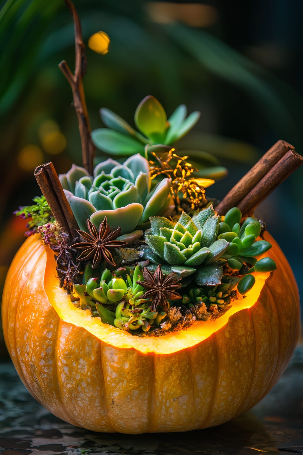 A medium-sized pumpkin hollowed out and filled with a variety of small succulents, accented with cinnamon sticks and star anise. The arrangement is softly lit, emphasizing the earthy and green tones of the succulents against the orange of the pumpkin.