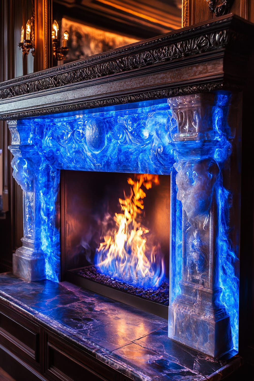 A close-up view of an ornate fireplace in a luxurious setting. The fireplace has a dark stone mantle with intricate carvings illuminated by vibrant blue lighting. Within the fireplace, blue flames are dancing, adding a spectral touch to the scene. The marble surface below the mantle reflects the blue hues from the flames. Elegant lighting fixtures with a vintage design are visible on the sides, enhancing the sophisticated ambiance. In a shadowed corner near the fireplace, a barely visible ghostly figure adds a subtle eerie element to the opulent space.