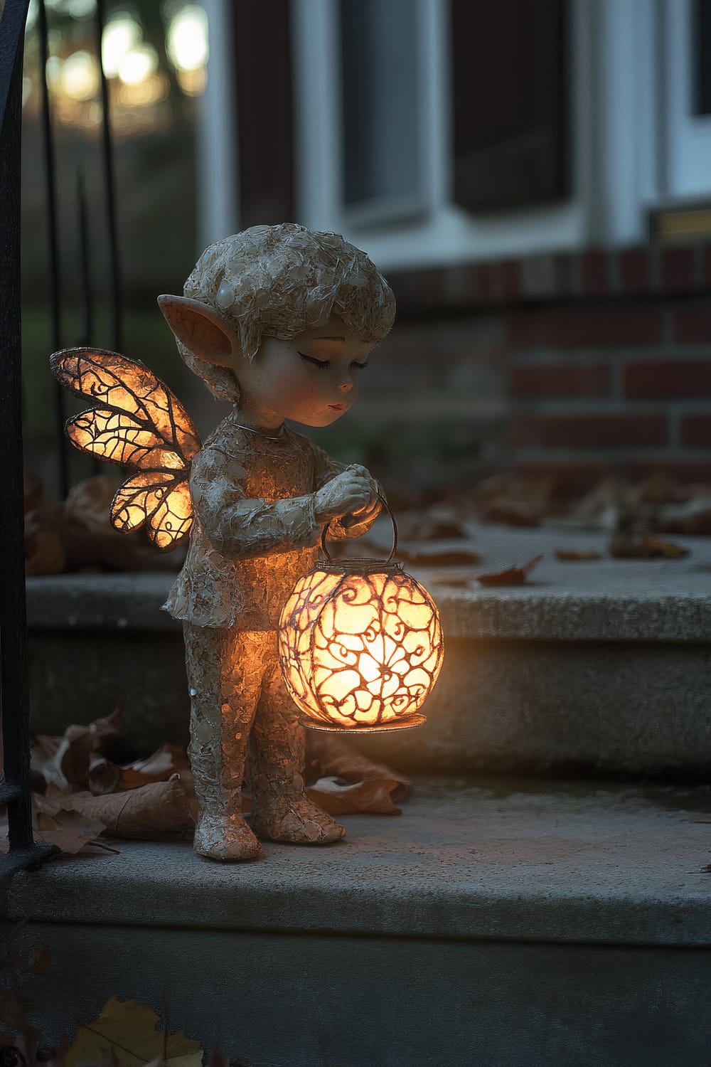 A Halloween decoration of a small, ethereal elf standing on a suburban porch holding a glowing lantern. The elf has luminescent skin and delicate wings, casting a magical light that illuminates the front steps. The background shows a well-kept home during twilight with minimal decorations except for a few scattered autumn leaves.