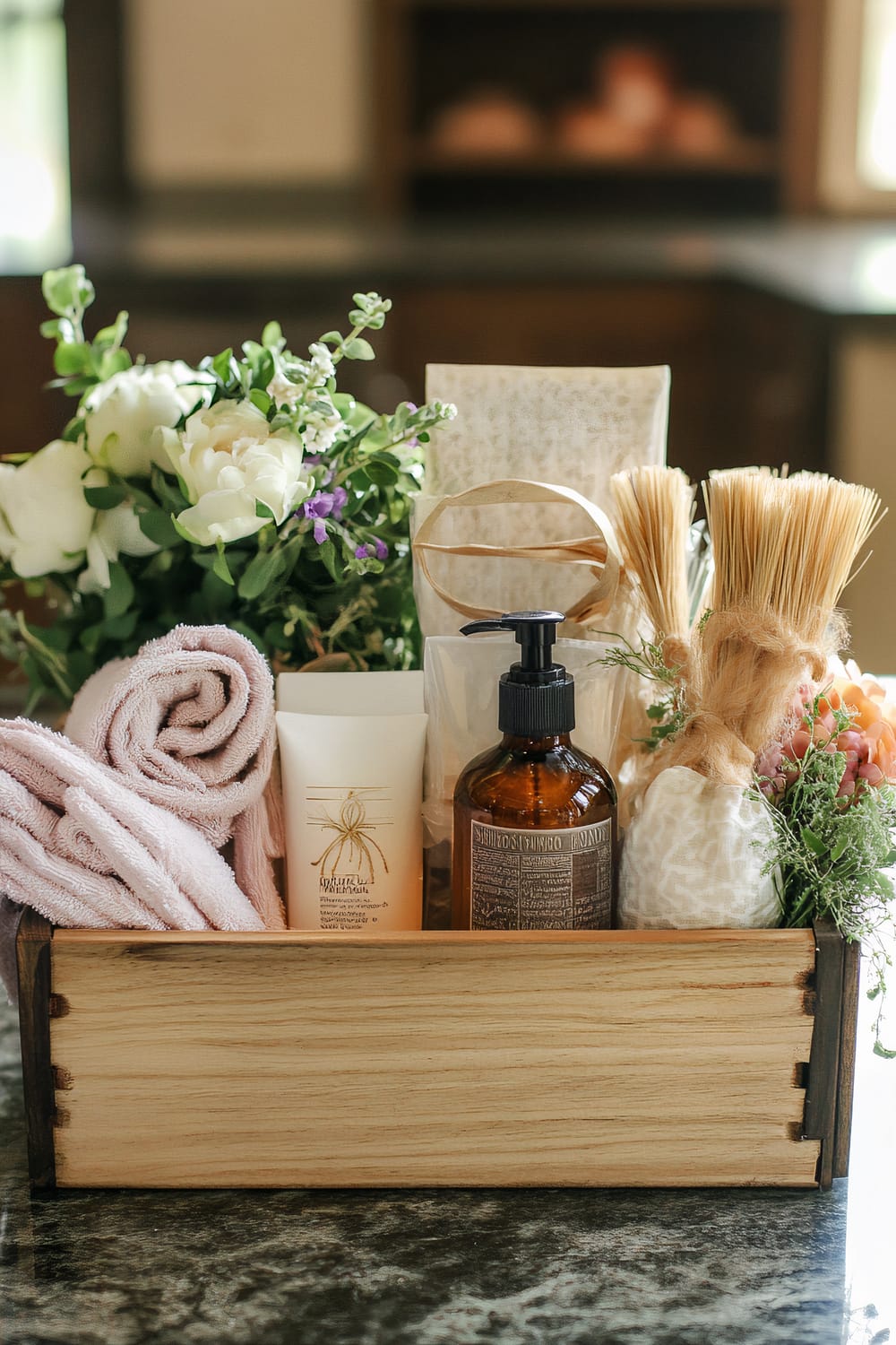 A wooden box containing various spa and self-care items is placed on a countertop. The box is filled with pink rolled towels, a white tube of lotion, a brown bottle with a black pump dispenser, two decorative brushes tied with a beige string, fresh greenery, and white and purple flowers.